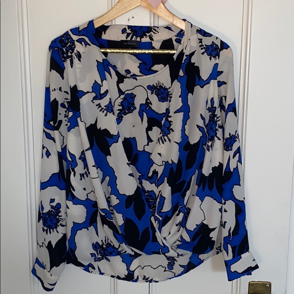 The Limited Black and Blue Floral Wrap Blouse